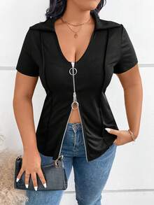 Calvaya Plus Size Mùa Hè Thường Ngày Màu Trơn Đôi Dây Kéo Áo Thun Tay Ngắn - màu đen - Xem 3