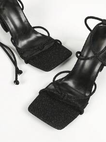 Tacones altos sexys y elegantes de fiesta abiertos negros de mujer con correa cruzada en forma de lazo, punta cuadrada, simple y elegante, cómodos, zapatos de tacón de bloque que alargan las piernas - Negro - Ver 7