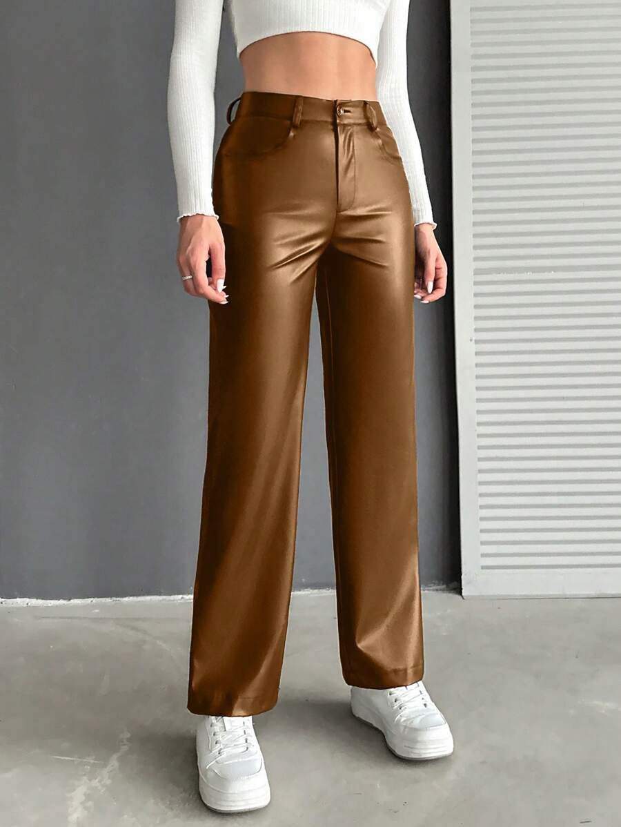 EURMUSE High Waist PU Leather Wide Leg Pants - Brown - View 1