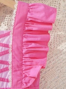 Young Girl Woven Solid Color Square Neck Ruffle Trim Loose Elegant Jumpsuit - Hot Pink - View 3