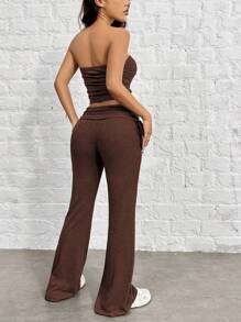 SHEIN EZwear 女性時尚棕色褶皺無肩帶上衣&喇叭褲修身套裝，夏季 - 棕色 - 查看 2