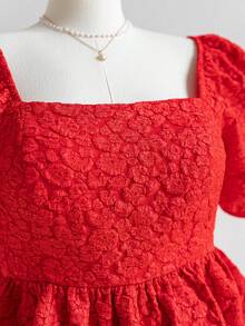 Dreamara Bluse mit Koboldärmeln und Jacquardmuster Große Größen für Damen, Rücken-Joch und gesammeltem Taillenbund, A-Linie Schnitt, rot, Sommer-Ferien-Stil - Rot - Übersicht 4