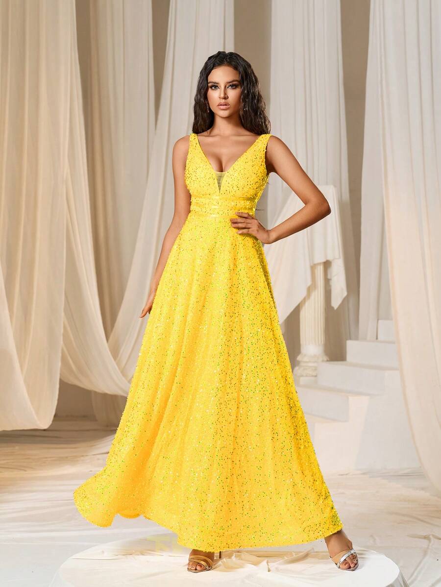 Plunging Neck Floor Length Sequins Formal Dress - Yellow - View 1