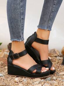 High Heel Rhinestone Sandals For Women, Transparent Crystal Wedges, Outdoor Party Dress Shoes, Fashionable Sexy Buckle Strap Glitter Open Toe Sandals Valentines,Spring Summer Outfits - Black - View 6