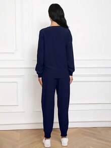 纯色长袖上衣和裤子 手术服套装 - 藏蓝色 - 查看 2