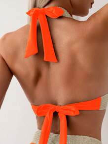 女士夏季海灘顏色積木系結頸兩件式比基尼套裝 - 橘色 - 查看 4