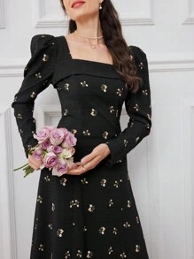 Modelyn Ladies' Floral Printed Long Sleeve Square Neck Modest Dress - Black - View 6