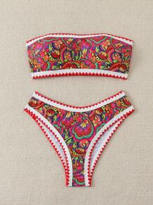 Women's Summer Beach Plant Print Bandeau Sexy Bikini Set, Random Print - Multicolor - View 4