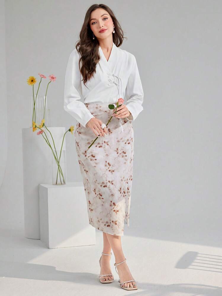 Women's Plain Simple Daily Long Sleeve Top & Printed Skirt Two-Piece Set
