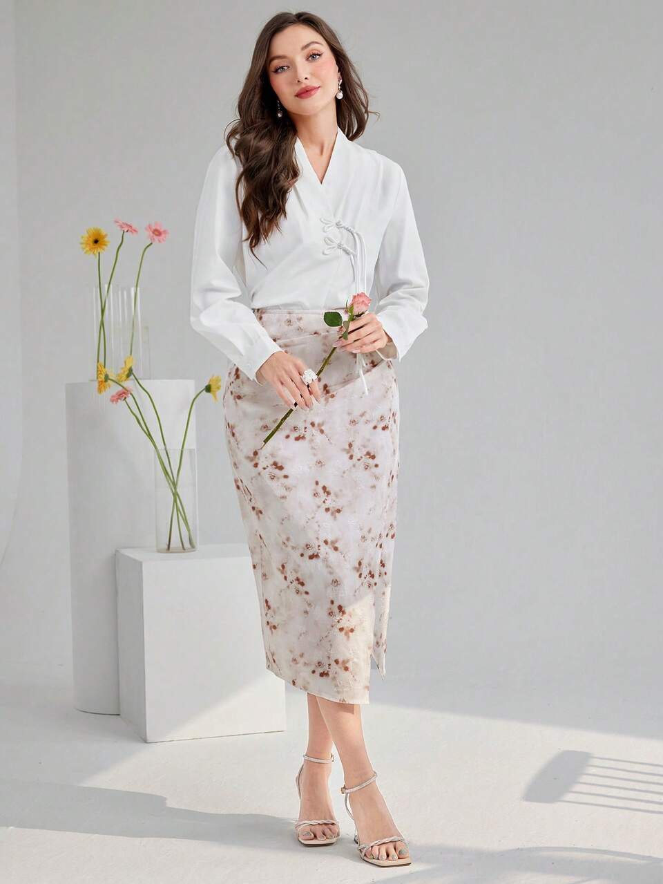 Women's Plain Simple Daily Long Sleeve Top & Printed Skirt Two-Piece Set