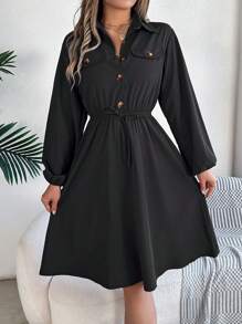 Autumn Lapel Collar Shirt Dress Tie-Waist With Mock Pockets Ruffle Trim Long Sleeve Solid Color Casual Elegance - 黑色 - 查看 1