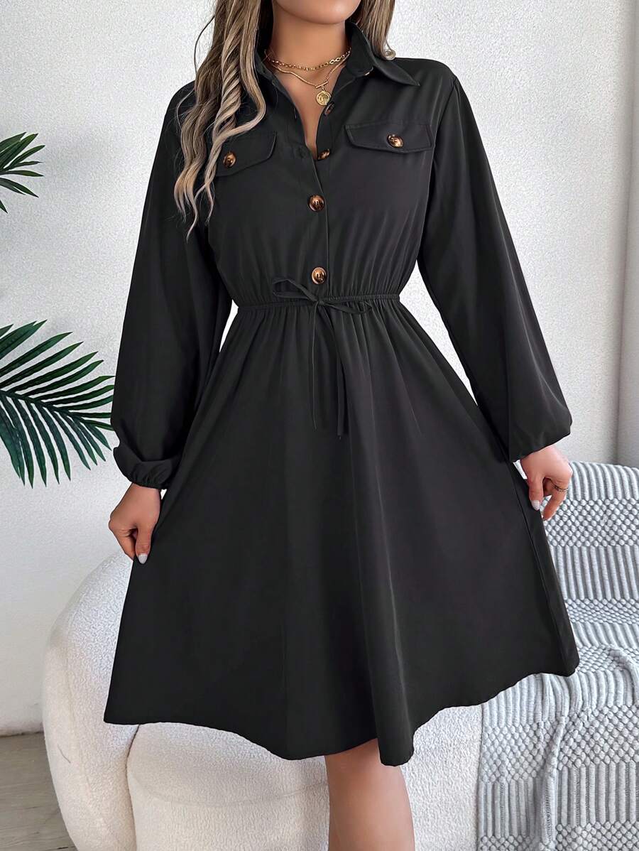 Autumn Lapel Collar Shirt Dress Tie-Waist With Mock Pockets Ruffle Trim Long Sleeve Solid Color Casual Elegance - 黑色 - 查看 1