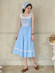 Simple Retro 女式對比花邊方領裙（前胸對稱褶皺、隨機剪裁腰線、前後腰部綻放花紋） - 藍色 - 查看 3