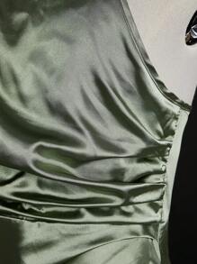SHEIN Tween Girl Shiny Halter Neck Fish Tail Long Dress With Waist Belt And High Slit, Perfect For Weddings, Birthday Parties And Banquets - Green - View 6