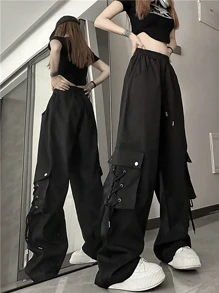 Women's Strap Pocket Cargo Pants - Black - View 7