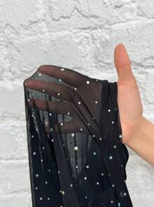 SHEIN PETITE 優雅性感黑色閃亮連身裝，鑲有鉆石細節網眼（內衣除外） - 黑色 - 查看 8