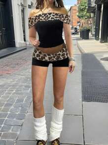 SHEIN EZwear Leopard Print Off Shoulder Fashion Music Festival Matching T-Shirt And Shorts Set - Multicolor - View 1