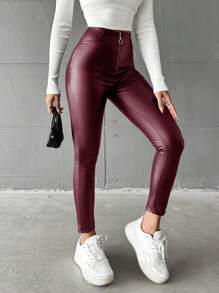 SHEIN Cottnline Women's Zipper Front Stretchy Skinny Pants - Red Violet - View 4