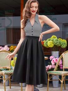 Vintamour Váy sọc thanh lịch cổ điển dành cho nữ có cổ yếm, cổ bẻ và chân váy xòe, màu đen, quần áo trở lại trường, quần áo giáo viên, trang phục Pride, trang phục hòa nhạc cho phụ nữ, váy cài nút, váy công sở phong cách Old Money, váy dài cho phụ nữ, váy Hawaii - màu đen - Xem 4