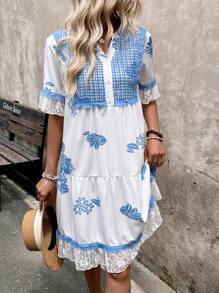 Breezaya 女士花邊修邊休閒圖形夏季連衣裙 - 杏色 - 查看 3