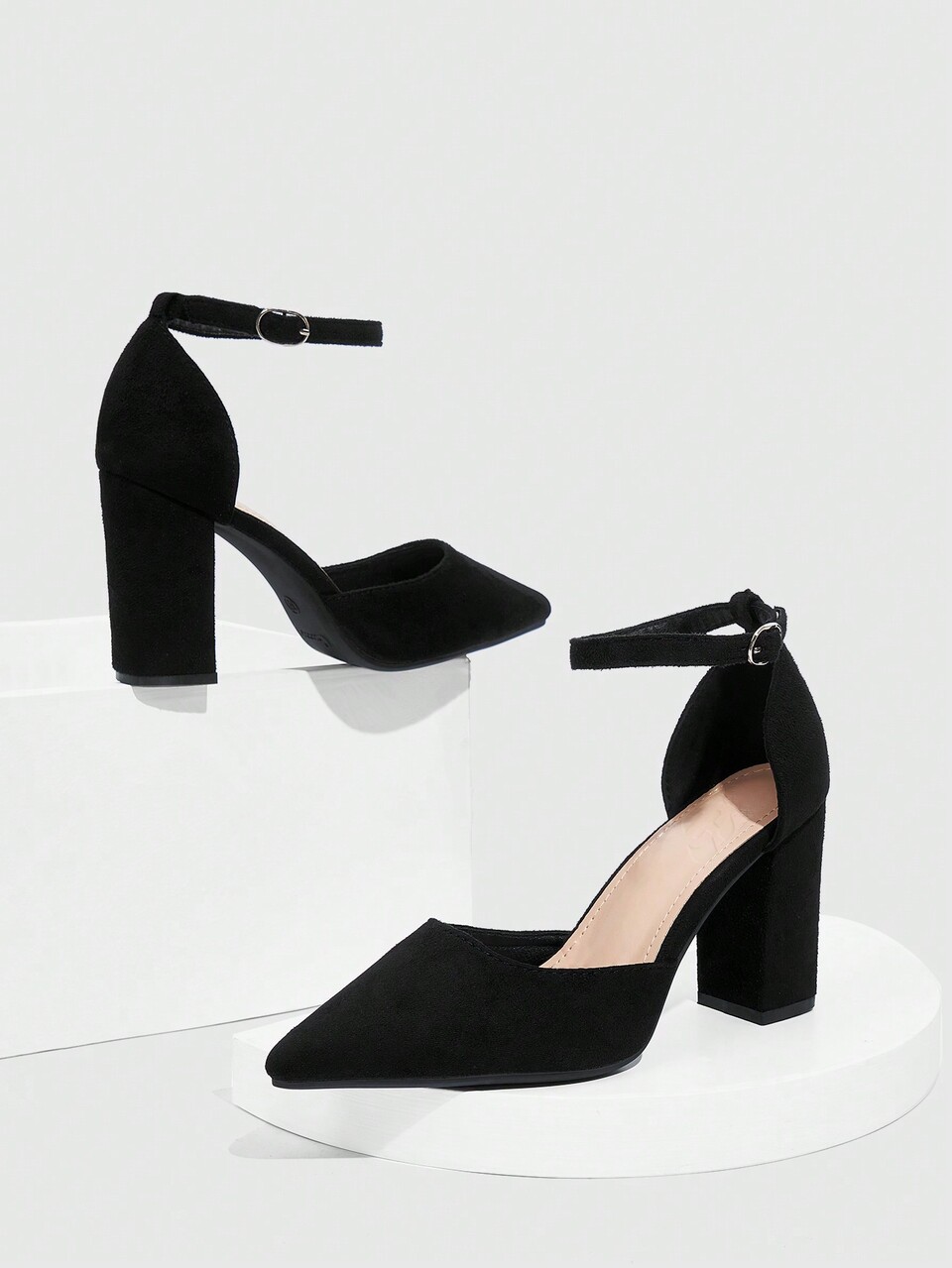 CUCCOO BIZCHIC Women's Fashionable Black Classic Ankle Strap High Heels With Pointed Toe, Thick Heels For Dressy Occasions Elegant Basics Business Casual Business Chic Spring Shoes Spring Break Easter For Christmas Spring Shoes