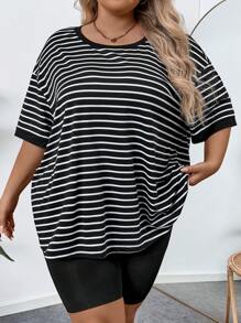 SHEIN CURVE+ 大尺碼女士休閒條紋與印花圓領下垂肩短袖T卹，夏季款式 - 黑色 - 查看 1