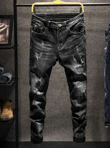 Men's Casual Distressed Elastic Tapered Fit Jeans - Black - View 1