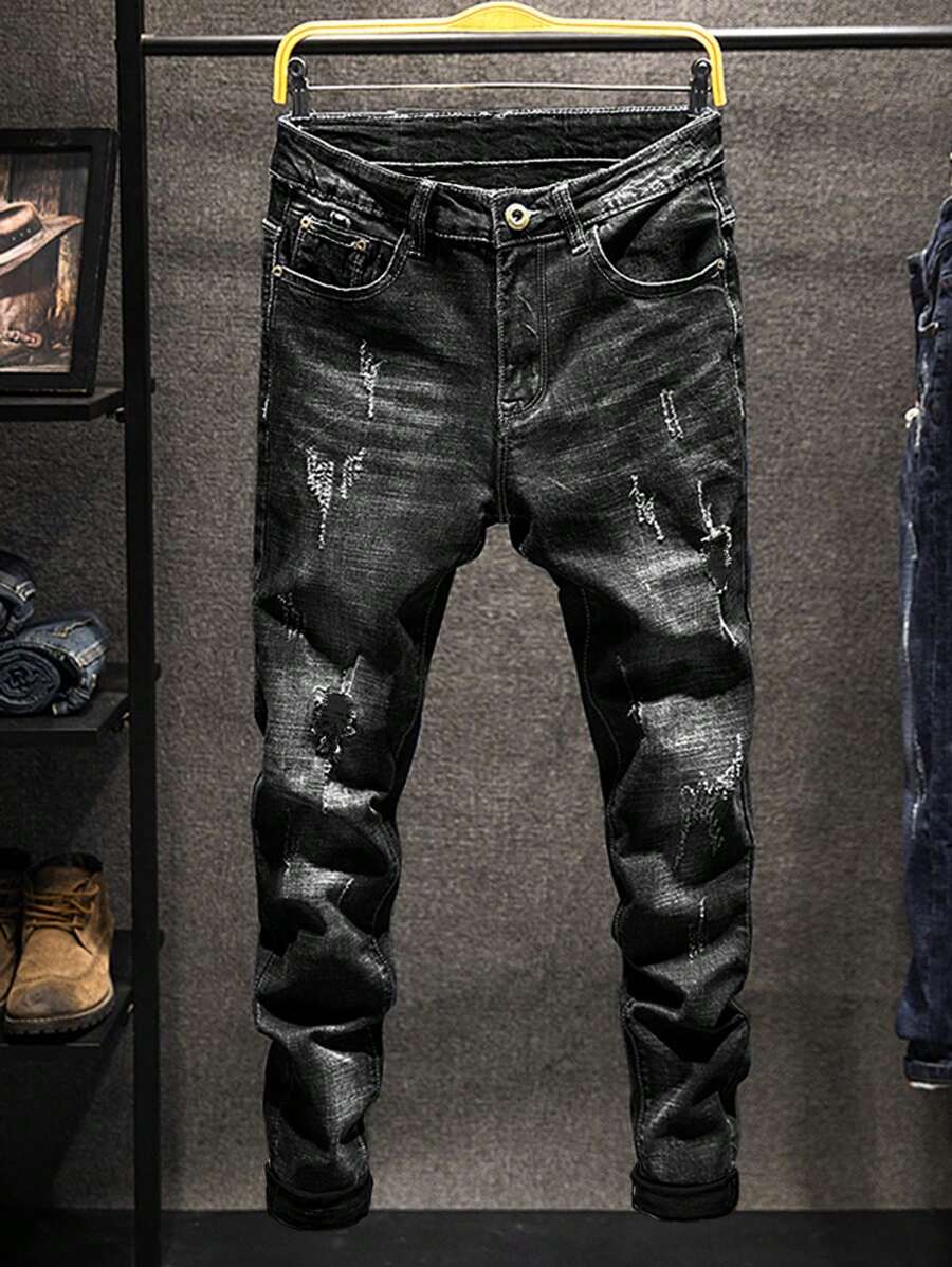 Men's Casual Distressed Elastic Tapered Fit Jeans - Black - View 1