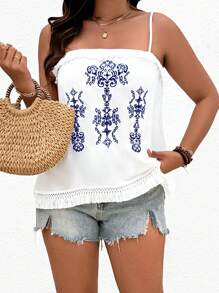 SHEIN Clasi Plus Size Women Floral Embroidered Patchwork Fringed Loose Camisole Top For Vacation