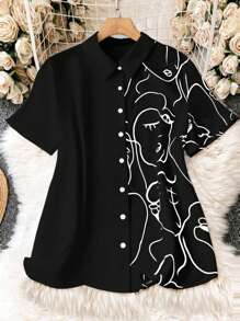 SHEIN LUNE Plus Size Abstract Printed Button Up Long Sleeve Shirt, Summer