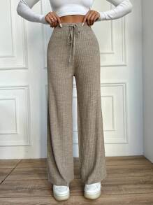 EURMUSE Drawstring Waist Ribbed Knit Pants - Khaki - View 4