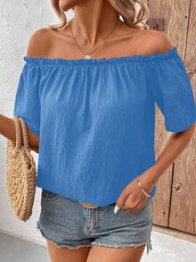 SHEIN LUNE Camisa elegante para mujer de unicolor con encaje en los hombros y corte holgado - Celeste - Ver 4