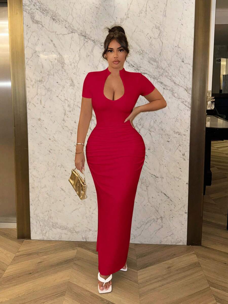 SHEIN SXY 深V領褶皺短袖修身優雅夏季連身裙 - 酒紅色 - 查看 1