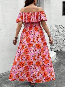SHEIN LUNE Plus Paisley Print Off Shoulder Ruffle Trim Split Thigh Boho Long Dress For Summer - Pink - View 3