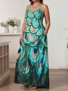 SHEIN VCAY Plus Size Peacock Feather Printed Dress With Spaghetti Strap Neckline, Perfect For Vacation And Fashion - Multicolor - View 4