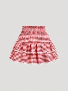 Sweetra Summer Plaid A-Line Skirt With Lace Hem, Y2K - Red - View 2