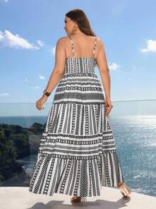 SHEIN Frenchy Plus Size Vacation Striped Splice Long Tank Dress - Black and White - View 2