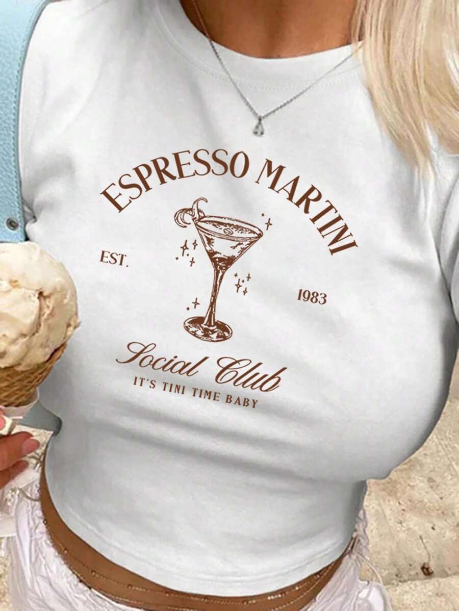 Flirla 女式夏季 Y2K 鸡尾酒浓咖啡马提尼短款 T 恤图案 T 恤女式上衣