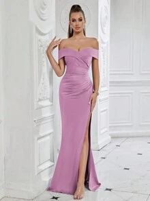 ADYCE 露肩开衩高腰褶皱侧边鱼尾裙摆鸡尾酒会礼服，优雅适合晚宴、正式晚宴、婚礼宾客穿着（女装） - 淡紫色 - 查看 7