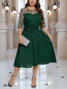 SHEIN Clasi 大码网眼拼接宴会时尚连衣裙 - 墨綠色 - 查看 3
