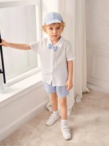 SHEIN Set de 3 piezas (Polo, Pantalones cortos y Gorra) estilo deportivo y elegante para niño, apropiado para la escuela, actividades al aire libre, primavera/verano