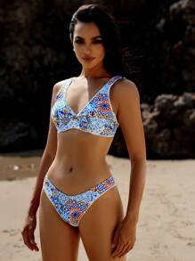 SHEIN Swim Women Bikini Set, Random Print, Steel Bracket,Summer Beach - Multicolor - View 6