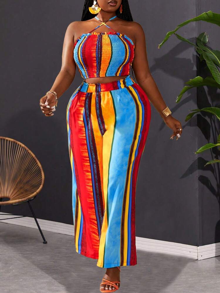 Plus Size Women's Colorful Striped Halter Crop Top And Casual Pants Vacation Two-Piece Set
