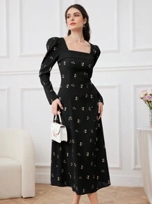 Modelyn Ladies' Floral Printed Long Sleeve Square Neck Modest Dress - Black - View 3