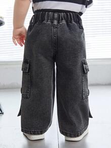 SHEIN 嬰兒男童休閒軟質磨破洗黑色貨袋寬鬆直筒牛仔褲，適用於春夏裝扮 - 灰色 - 查看 2