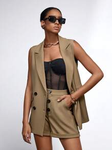 Women Fashionable Solid Color Sleeveless Blazer And Shorts Suit - Khaki - View 2