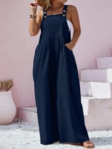 Plus Size Fall&Winter Casual Solid Color Wide Leg Bib Overall Jumpsuit