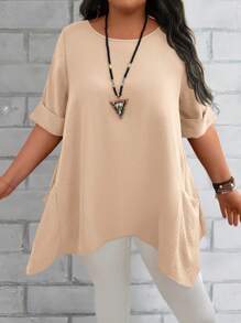 EMERY ROSE Camisas flojas para mamá de talla grande para mujer con cuello redondo azul de verano, manga corta y doble bolsillo - Albaricoque - Ver 5