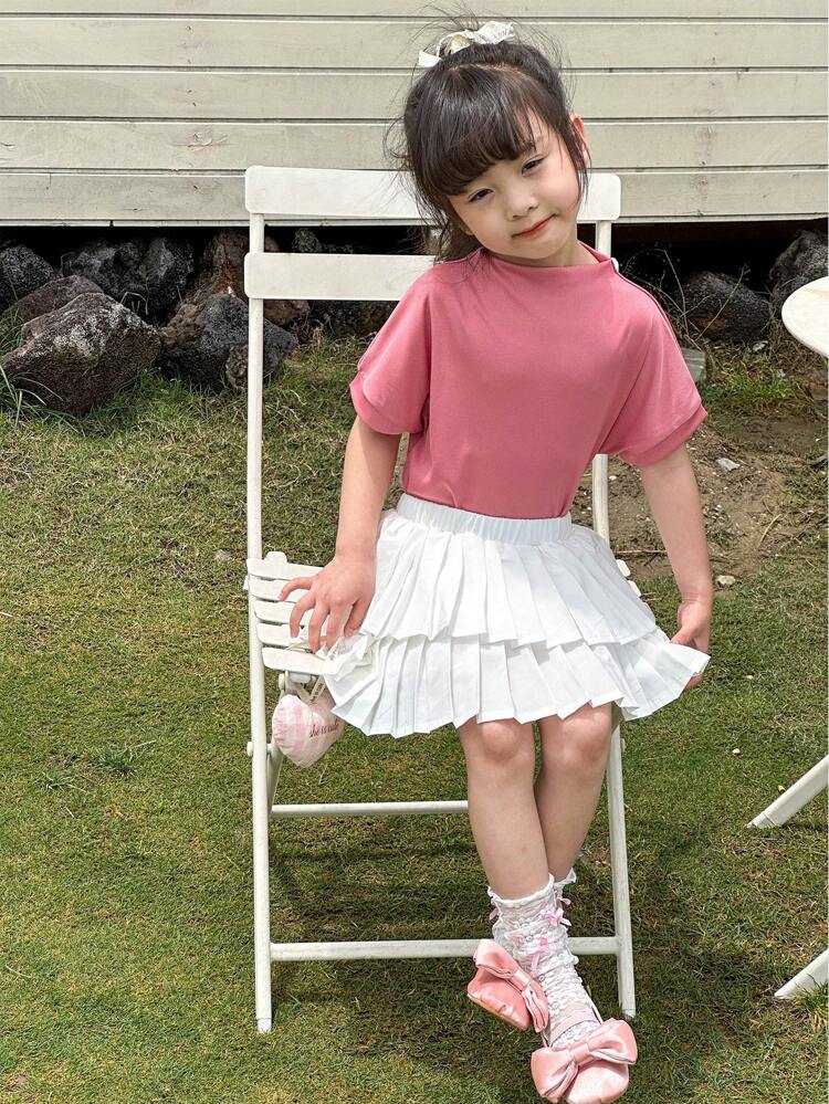 Young Girl Korean-Style High Neck Wide Cut Short Sleeve Top & Double-Layered Pleated Skirt Two-Piece Set, For Playful Active Kids