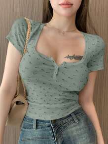 DAZY T-shirt femme à manches courtes, col rond, coupe slim, avec imprimé floral tout-sur-tout, pour Pâques - Vert - Voir 1